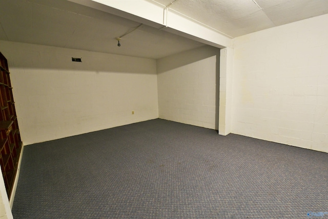 basement featuring dark colored carpet