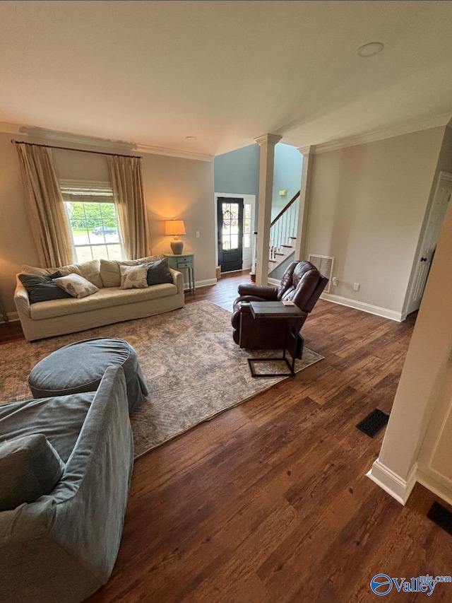 103 Covey Ln, Hazel Green, AL 35750 - living room with ornamental molding, plenty of natural light, dark wood finished floors, ornate columns, and stairway