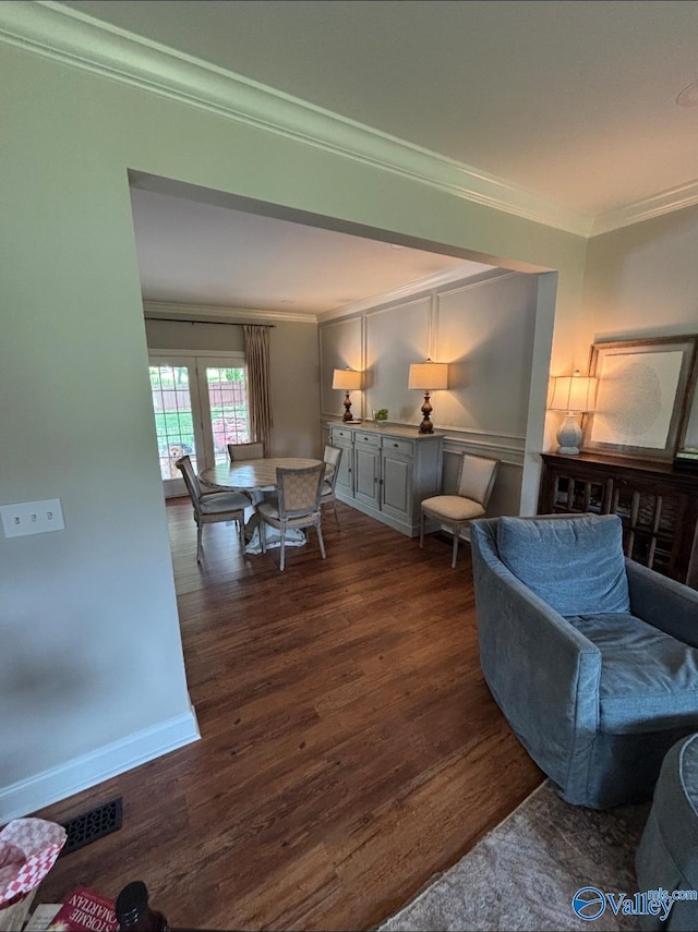 103 Covey Ln, Hazel Green, AL 35750 - living room with crown molding, dark wood-style floors, and french doors