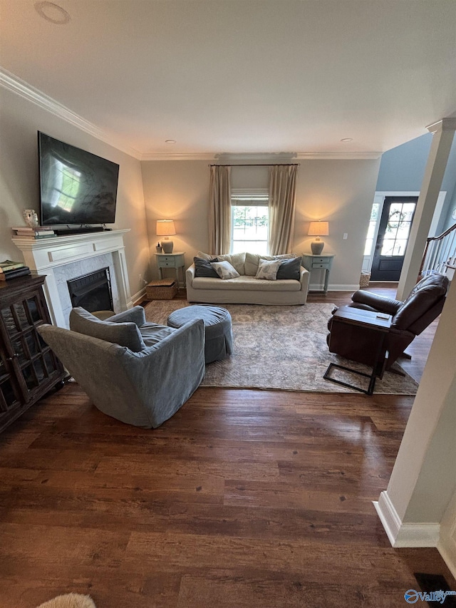 103 Covey Ln, Hazel Green, AL 35750 - living area with crown molding, a fireplace, and wood finished floors