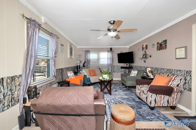 living room with ceiling fan, light hardwood / wood-style flooring, and crown molding