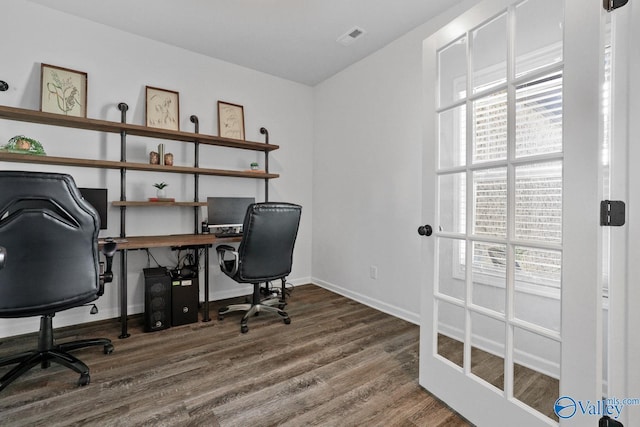 office with wood finished floors, visible vents, and baseboards