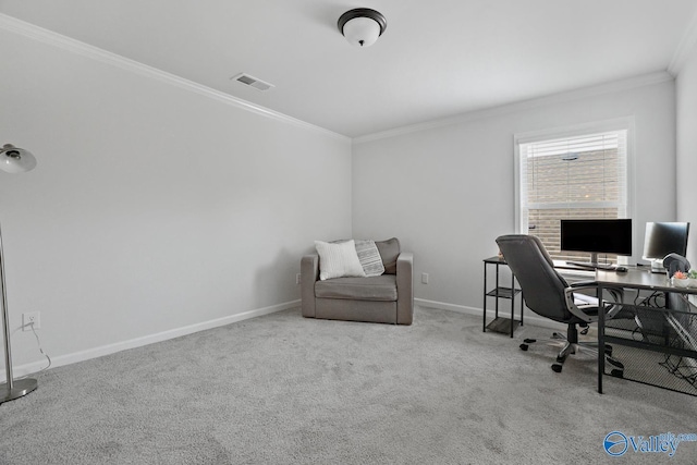 office with carpet floors, baseboards, visible vents, and ornamental molding