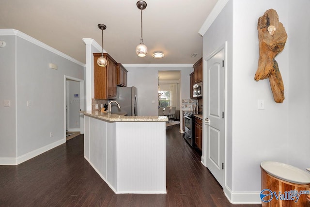 2906 Pasture View Ln, Owens Cross Roads, AL 35763 - kitchen featuring appliances with stainless steel finishes, light stone counters, a peninsula, dark wood-type flooring, and crown molding