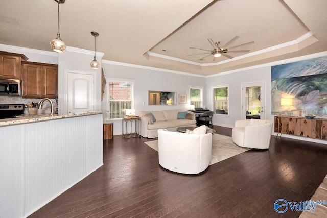 2906 Pasture View Ln, Owens Cross Roads, AL 35763 - living room featuring a tray ceiling, ceiling fan, dark wood-style floors, and ornamental molding