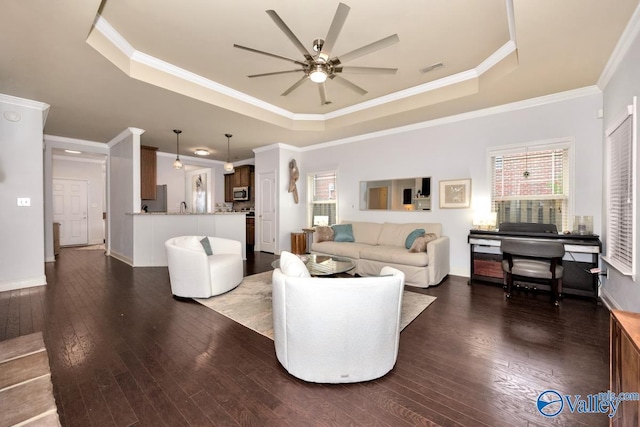 2906 Pasture View Ln, Owens Cross Roads, AL 35763 - living area featuring a raised ceiling, ceiling fan, dark wood finished floors, plenty of natural light, and ornamental molding
