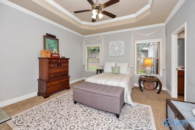 2906 Pasture View Ln, Owens Cross Roads, AL 35763 - bedroom featuring a raised ceiling, carpet, ornamental molding, and a ceiling fan