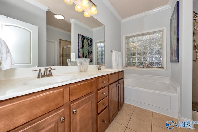 2906 Pasture View Ln, Owens Cross Roads, AL 35763 - full bath with a shower stall, ornamental molding, double vanity, tile patterned floors, and a garden tub