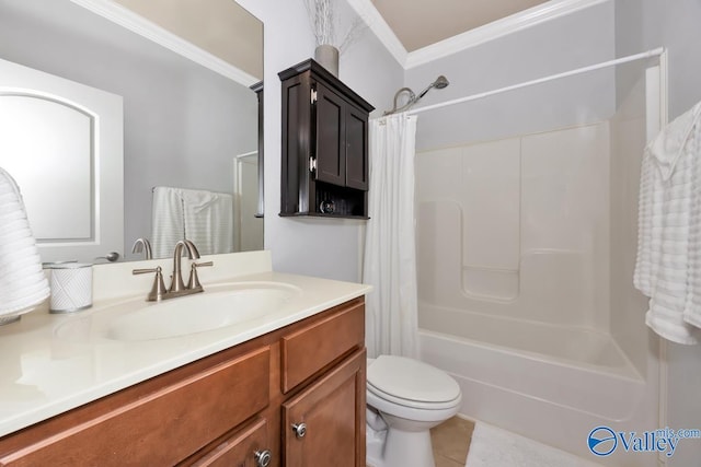 2906 Pasture View Ln, Owens Cross Roads, AL 35763 - full bathroom with vanity, shower / bathtub combination with curtain, ornamental molding, and tile patterned floors