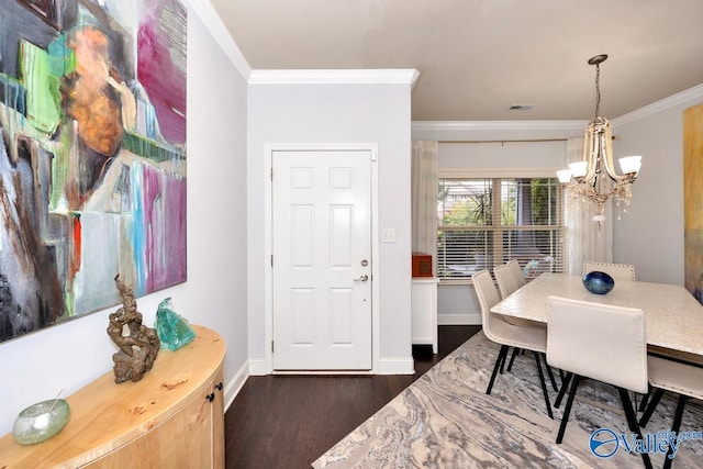 2906 Pasture View Ln, Owens Cross Roads, AL 35763 - dining area featuring ornamental molding, dark wood-style flooring, and a chandelier