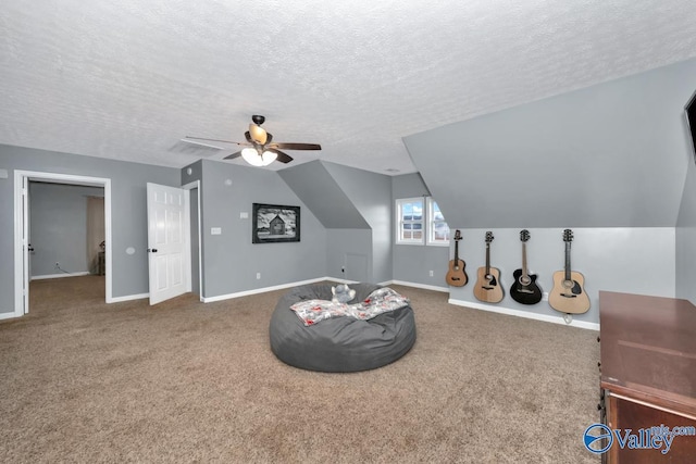 12956 Hickory Hills Rd, Athens, AL 35614 - interior space featuring carpet, ceiling fan, lofted ceiling, and a textured ceiling