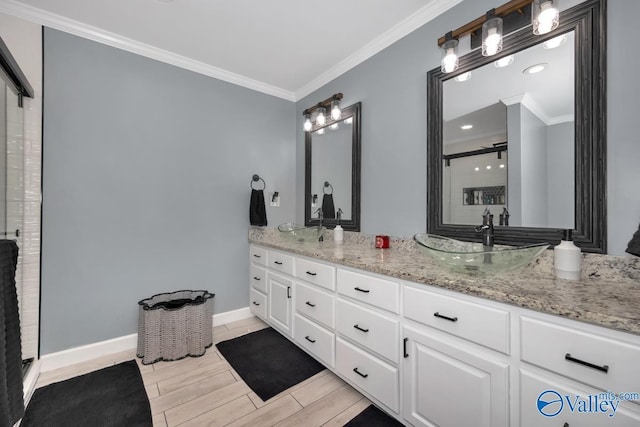 12956 Hickory Hills Rd, Athens, AL 35614 - bathroom with wood-type flooring, vanity, and crown molding