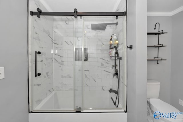 12956 Hickory Hills Rd, Athens, AL 35614 - bathroom featuring shower / bath combination with glass door, toilet, and crown molding