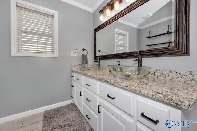 12956 Hickory Hills Rd, Athens, AL 35614 - bathroom with hardwood / wood-style floors, vanity, and ornamental molding