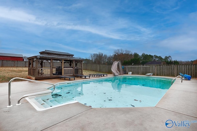 12956 Hickory Hills Rd, Athens, AL 35614 - view of swimming pool featuring a gazebo, a diving board, a patio, and a water slide