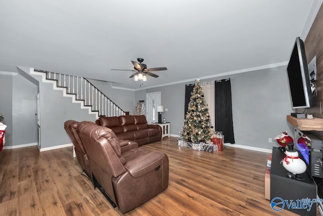 12956 Hickory Hills Rd, Athens, AL 35614 - living room with hardwood / wood-style floors, ceiling fan, and crown molding