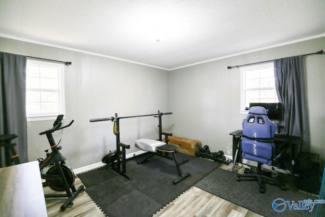 exercise room featuring crown molding, wood-type flooring, and a textured ceiling