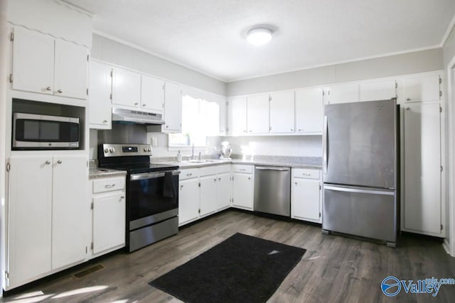 kitchen featuring white cabinetry, appliances with stainless steel finishes, dark hardwood / wood-style floors, and sink