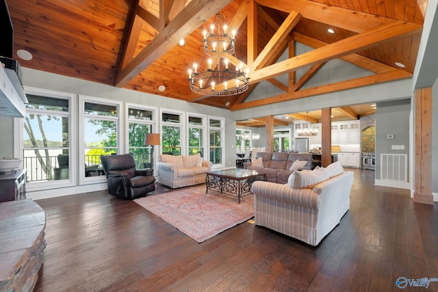 living room featuring wooden ceiling, beam ceiling, high vaulted ceiling, and dark wood-type flooring