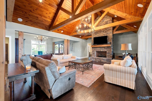 living room with beamed ceiling, dark wood-type flooring, high vaulted ceiling, and wooden ceiling