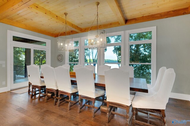 dining room featuring beam ceiling, wood-type flooring, an inviting chandelier, and wooden ceiling