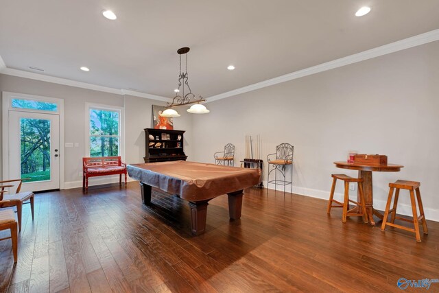 playroom with ornamental molding, billiards, and dark hardwood / wood-style flooring