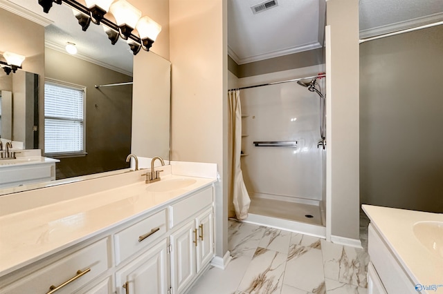 1509 Southampton Ct, Decatur, AL 35601 - full bathroom featuring ornamental molding, two vanities, a shower with shower curtain, and marble finish floors