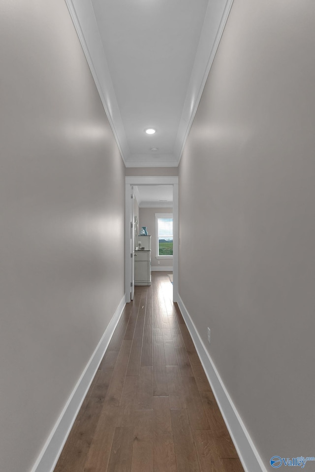 241 Farmhouse Dr, Madison, AL 35757 - hallway featuring ornamental molding, dark wood finished floors, baseboards, and recessed lighting