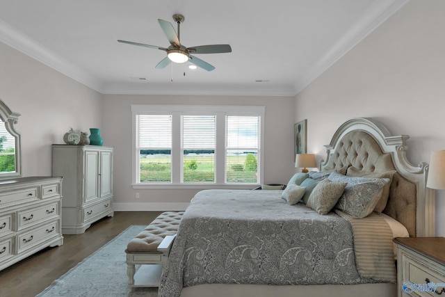 241 Farmhouse Dr, Madison, AL 35757 - bedroom with dark wood-style flooring, crown molding, baseboards, and ceiling fan