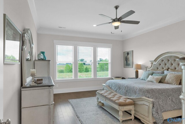 241 Farmhouse Dr, Madison, AL 35757 - bedroom with ornamental molding, dark wood finished floors, baseboards, and ceiling fan