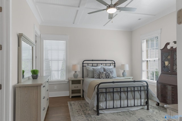 241 Farmhouse Dr, Madison, AL 35757 - bedroom featuring dark wood finished floors, baseboards, coffered ceiling, crown molding, and ceiling fan