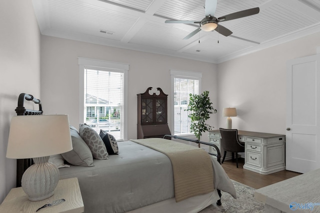 241 Farmhouse Dr, Madison, AL 35757 - bedroom featuring wood finished floors, ceiling fan, an office area, beam ceiling, and crown molding