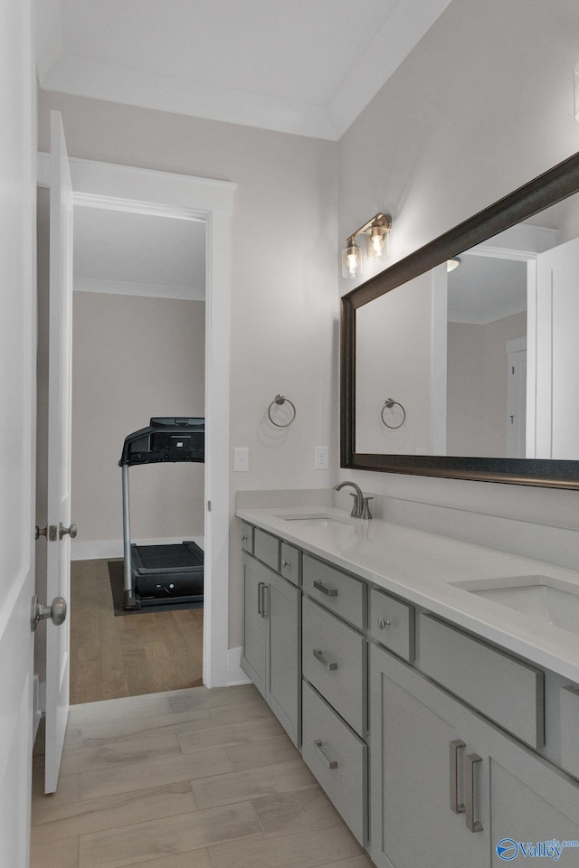 241 Farmhouse Dr, Madison, AL 35757 - bathroom with crown molding, double vanity, and baseboards