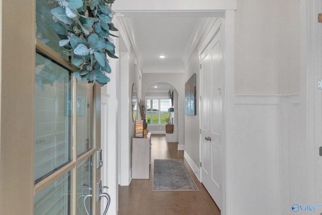 241 Farmhouse Dr, Madison, AL 35757 - hallway with ornamental molding, arched walkways, and dark wood finished floors