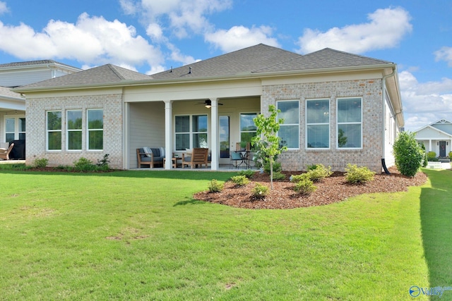 241 Farmhouse Dr, Madison, AL 35757 - rear view of house with an outdoor hangout area, a ceiling fan, a patio area, and brick siding