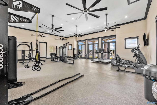 241 Farmhouse Dr, Madison, AL 35757 - exercise room with a ceiling fan, recessed lighting, crown molding, and french doors