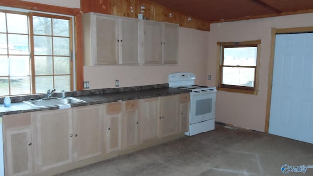 kitchen featuring dark countertops, white electric range, and a sink