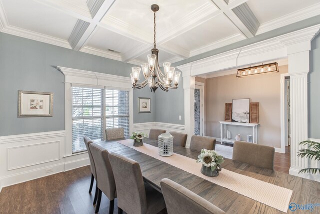 108 NW Rockhaven Dr, Madison, AL 35757 - dining space featuring a chandelier, coffered ceiling, ornate columns, dark wood-style flooring, and beam ceiling