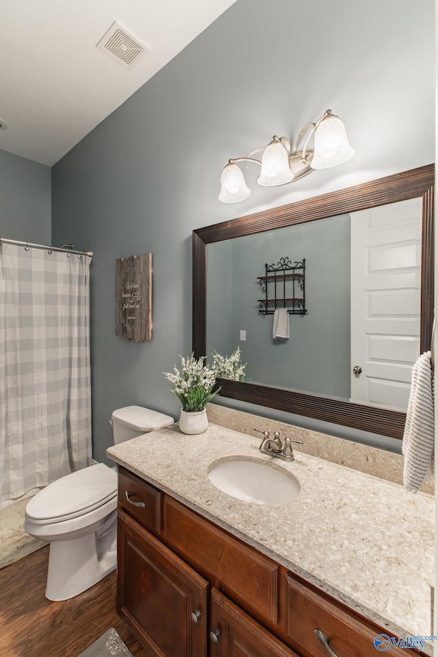 108 NW Rockhaven Dr, Madison, AL 35757 - bathroom featuring vanity, wood finished floors, toilet, and a shower with curtain