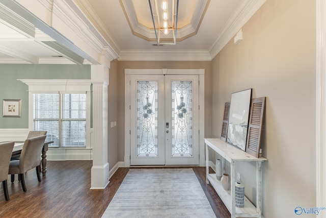 108 NW Rockhaven Dr, Madison, AL 35757 - foyer entrance with french doors, dark wood-style flooring, a tray ceiling, crown molding, and baseboards
