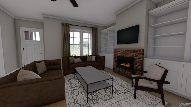 living room with ceiling fan, built in features, light hardwood / wood-style flooring, crown molding, and a fireplace