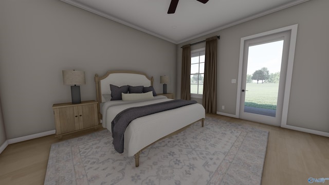 bedroom with ceiling fan, light wood-type flooring, ornamental molding, and access to outside