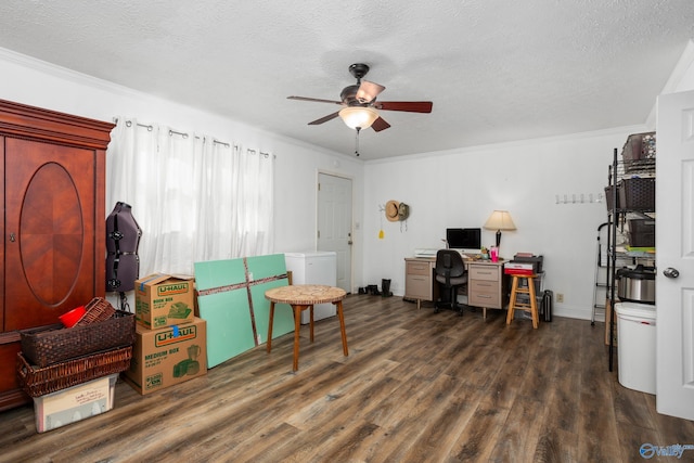 home office with dark wood-type flooring, crown molding, and a textured ceiling