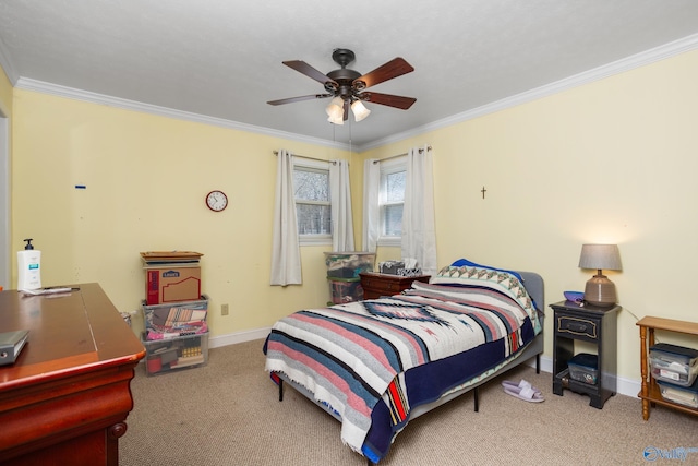 bedroom with ceiling fan, carpet flooring, and ornamental molding