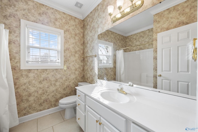 bathroom with ornamental molding, toilet, tile patterned flooring, and vanity