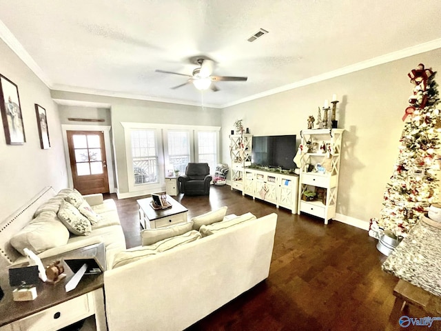 living room featuring a textured ceiling, ceiling fan, dark hardwood / wood-style flooring, and crown molding