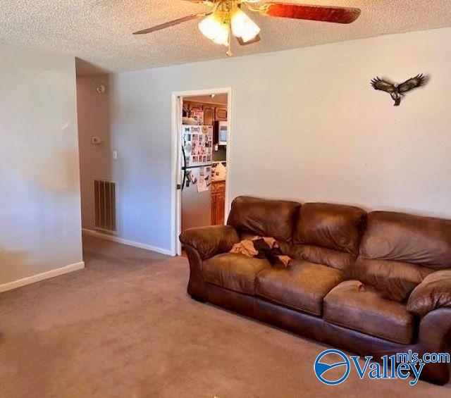 living room with ceiling fan, carpet floors, and a textured ceiling