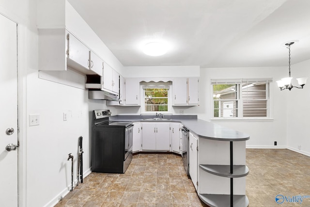 kitchen with pendant lighting, an inviting chandelier, white cabinets, sink, and stainless steel appliances