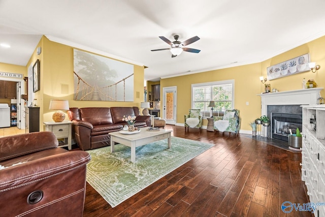 126 Mattie Ct, Madison, AL 35756 - living room with a fireplace with flush hearth, wood finished floors, ceiling fan, and crown molding