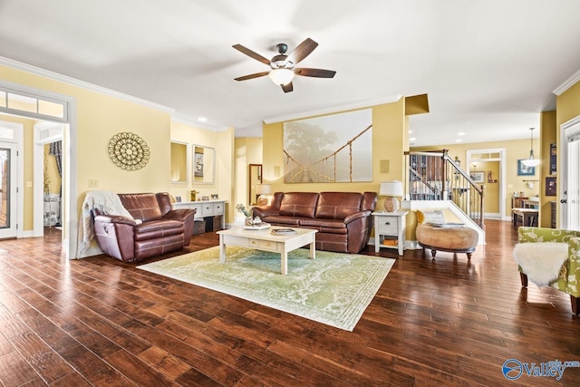 126 Mattie Ct, Madison, AL 35756 - living area with crown molding, a ceiling fan, wood finished floors, stairs, and recessed lighting